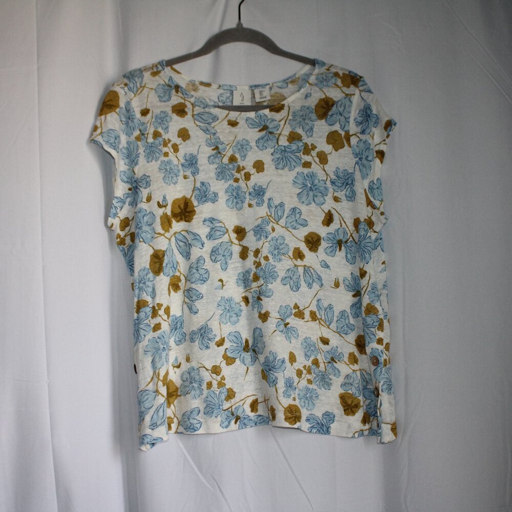 Joie White & Blue Floral 100% Linen Dolman Short Sleeve Shirt Blouse Buttons L